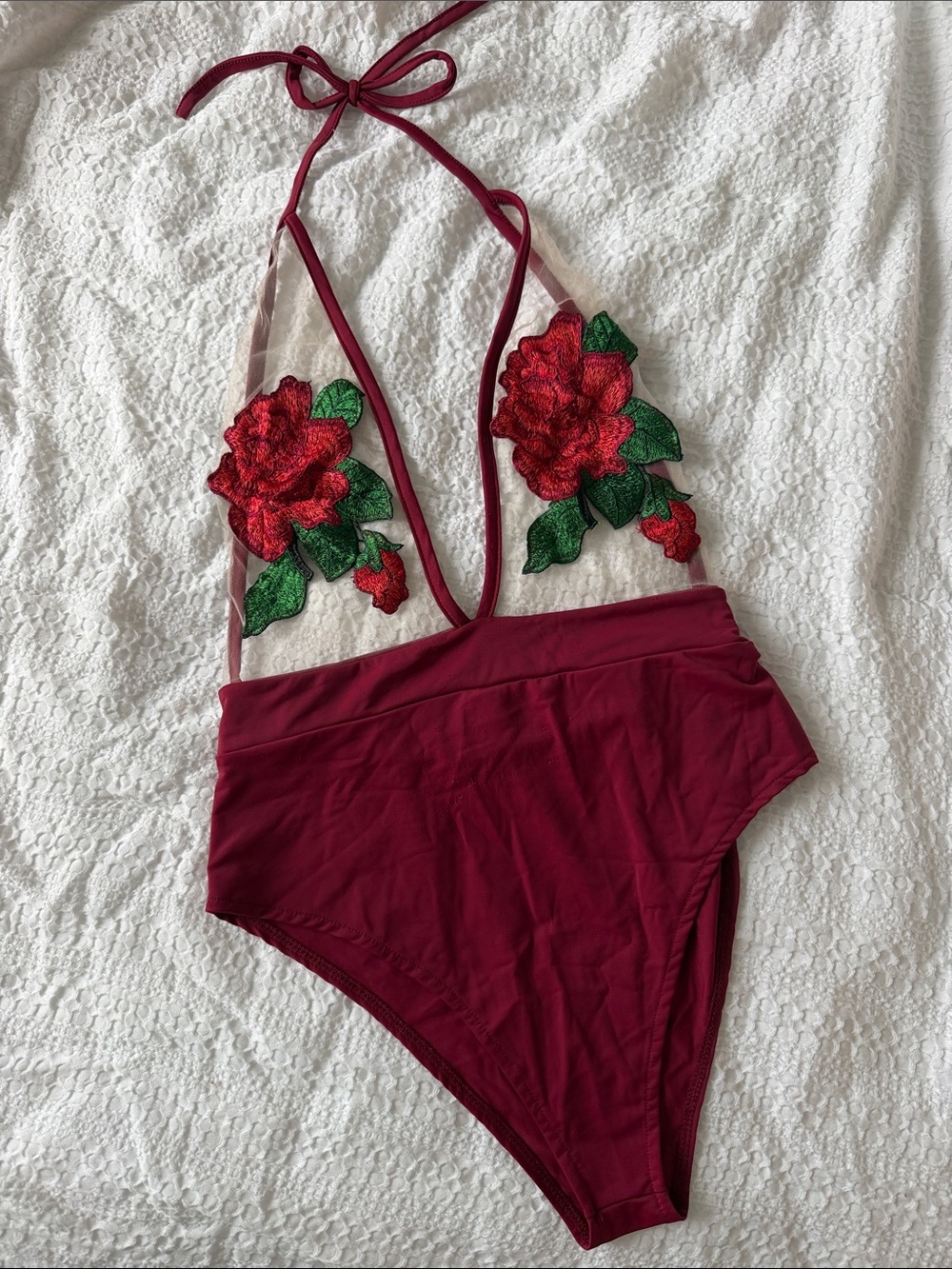 Floral Applique One-Piece Swimsuit in Burgundy
